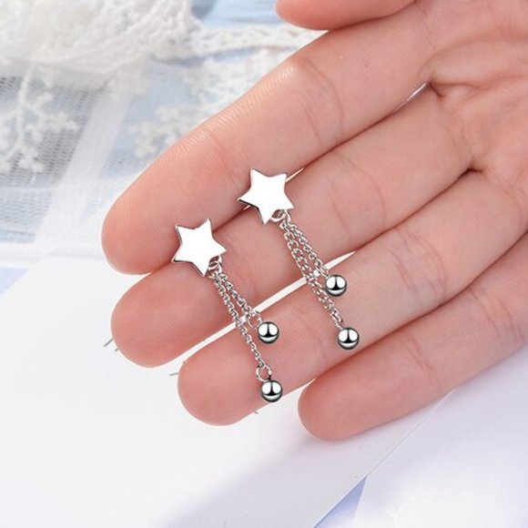 NEW 925 Sterling Silver Star Tassel Earrings - Picture 2 of 6